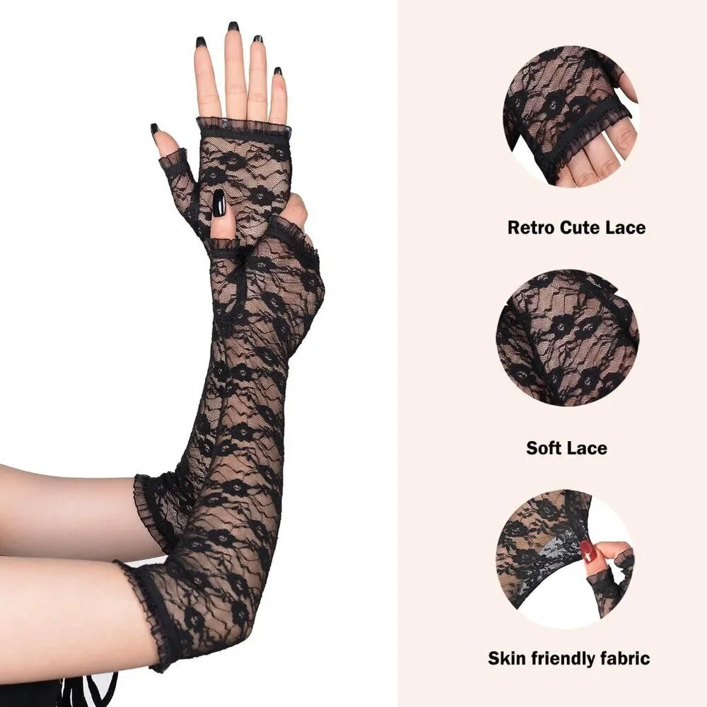 Women's Halloween Black 3 Dress Fingerless Spider Gothic Playing Lace Gloves